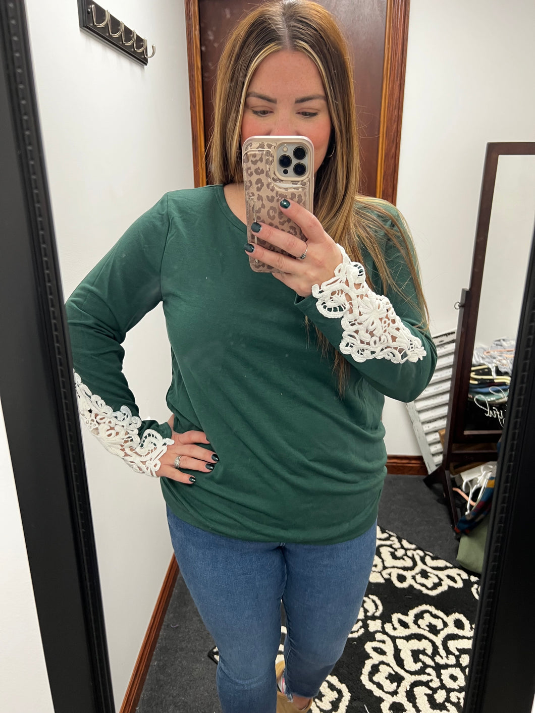 Crochet Sleeve Detail Top in Green