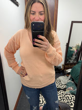 Load image into Gallery viewer, Peachy Pink Crochet Detail Sleeve Sweater
