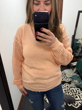 Load image into Gallery viewer, Peachy Pink Crochet Detail Sleeve Sweater
