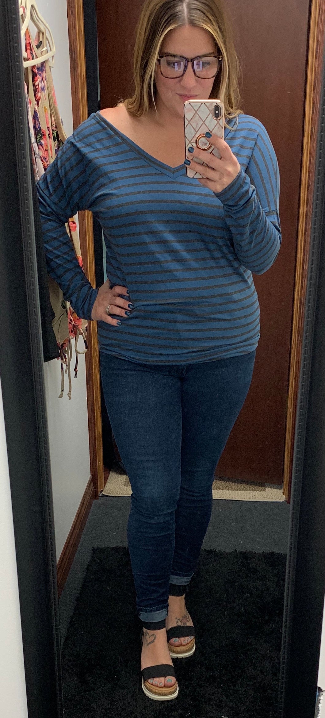 Blue and Charcoal Stripe V Top